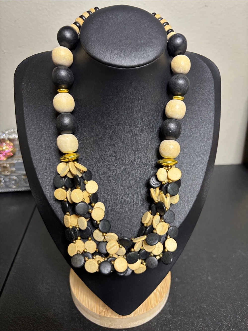 Wood Boho Vintage Black & Gold Multi-Strand Beaded Necklace Statement Jewelry